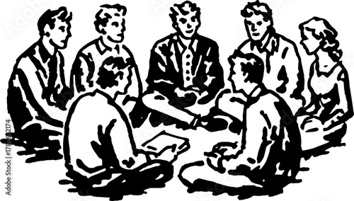 Group of people engaged in a discussion, sitting in a circle. Simple vector illustration highlighting collaboration and teamwork in a set format.