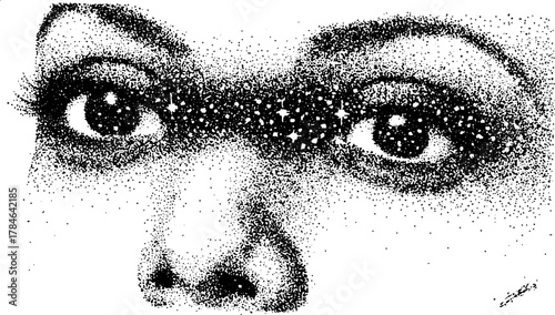Eye illustration with stars and cosmic elements in a black and white style. A detailed vector art set that offers intricate textures and visual depth.