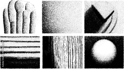 Black and white textures and patterns set with various shapes create a modern vector illustration featuring geometric elements.