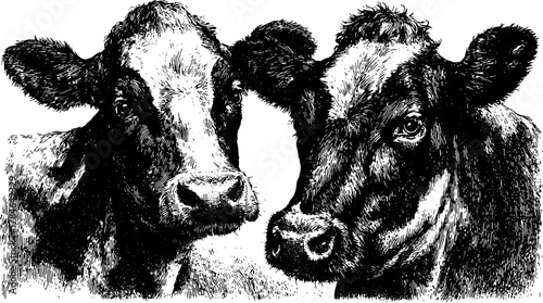 Cow head set in black and white handdrawn style. Monochrome bovine vector illustration with realistic texture and detailed shading.