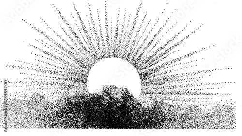 Sun with rays emerging from clouds. Black and white dot texture vector illustration capturing a simple and minimal artistic style.