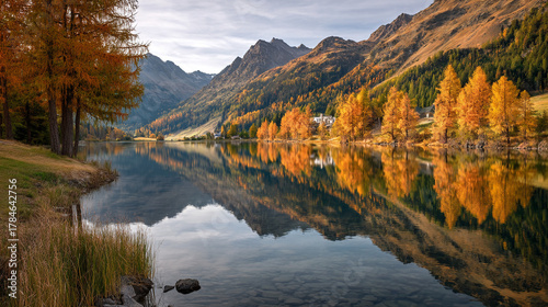 Autumn trees reflecting on a lake with mountains in the background landscape