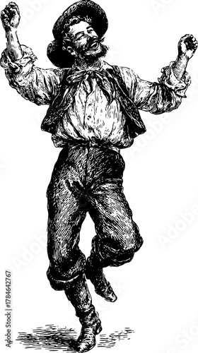 Man dancing in a vintage engraving style. Hand-drawn vector illustration showcasing movement and expression in a classic format.