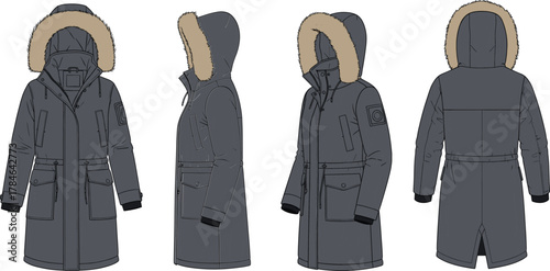 Winter parka coat set, hooded jackets, fur trim outerwear, insulated clothing, cold weather fashion, front and back views, apparel illustration