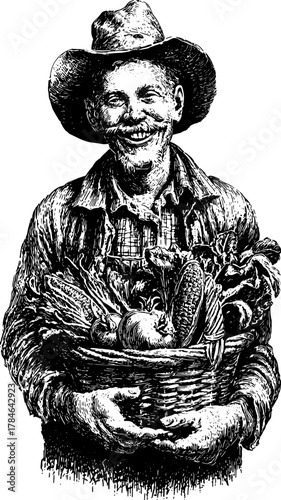 A smiling man in a hat holds a basket full of vegetables. This vintage engraving features a farmer as a detailed vector illustration.