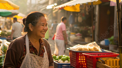 Fototapeta Naklejka Na Ścianę i Meble -  old Asian woman selling fresh fruit and vegetables in a market