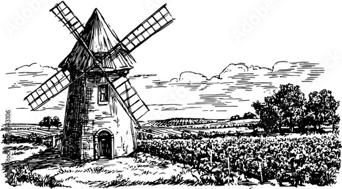 Vintage black and white outline drawing of a windmill in a rural landscape. This detailed vector illustration features fields, trees, and a scenic sky.