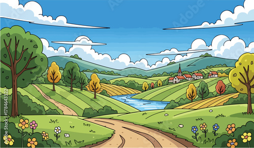 Cartoon Autumn Landscape with Village and River vector