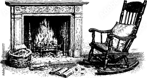 Vintage fireplace with a rocking chair and flames. Detailed vector illustration showcasing home warmth in a cozy set.
