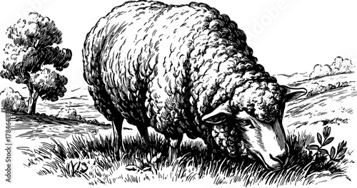 Sheep grazing in a vintage engraving style. Black and white outline vector illustration showcasing a rural landscape with trees and grass.