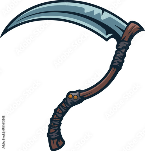 Scythe vector illustration featuring a traditional curved blade and wrapped wooden handle for harvest or farming concepts