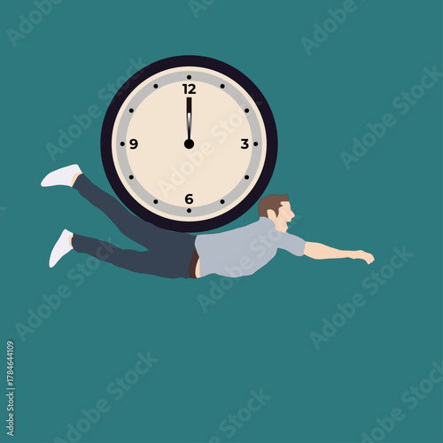 Man Flying with Clock on Back – Time Pressure and Deadline Concept