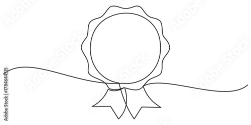 Continuous one line art drawing of champion winner trophy, Award winning ribbon in simple linear style, Single continuous line drawing of the best quality award badge with gold star winning medal.