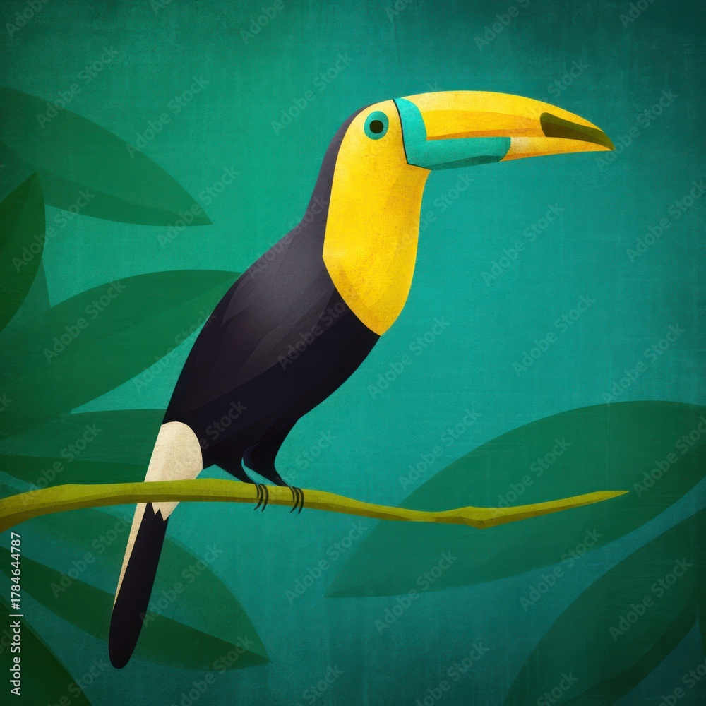 Fototapeta premium Colorful toucan bird perched on a branch against a green background
