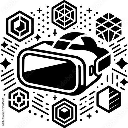 Visionary Realm: A monochrome depiction of a virtual reality headset, surrounded by symbolic graphic elements, inviting exploration of digital landscapes and immersive experience.
