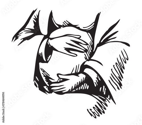 Hands hold pregnant belly. Vector drawing