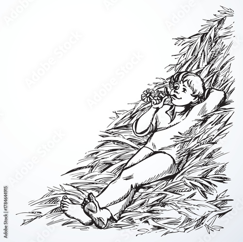 Vector drawing. Boy resting on a hay