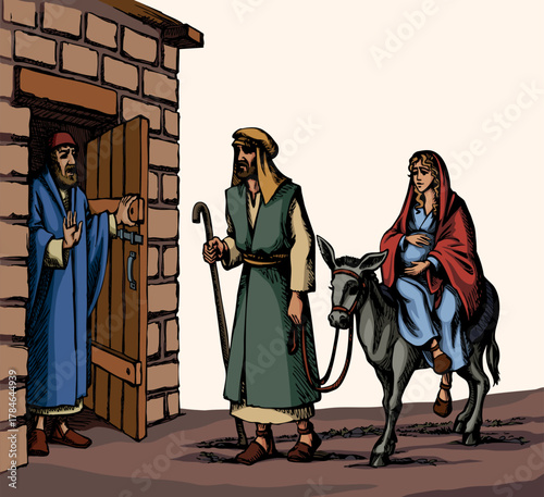 Vector drawing. Man at the door meet Mary and Joseph