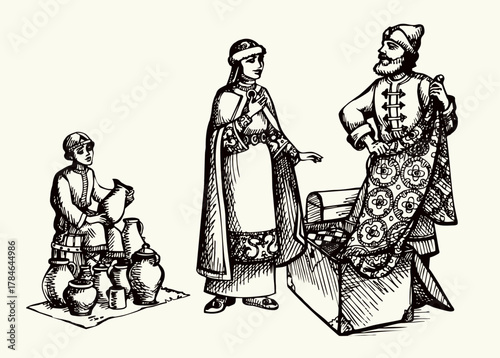 Vector drawing. Man sells a fabric om ancient market