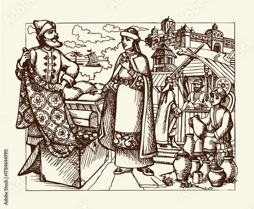 Vector drawing. Man sells a fabric om ancient market