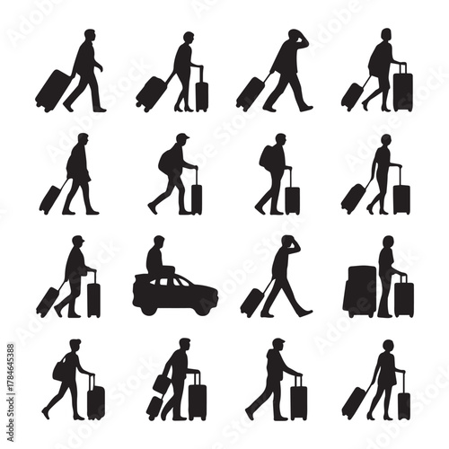 Travelers with rolling luggage vector set of 16 airport passenger black silhouette icon collections