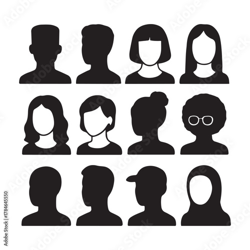 People avatar silhouettes vector set of 12 profile icons for UI & social media design elements