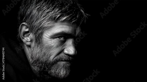Powerful high-contrast black-and-white portrait of a handsome, middle-aged man with a rugged yet kind face. Dramatic side lighting sculpts his features, revealing skin texture, deep-set eyes, calm con