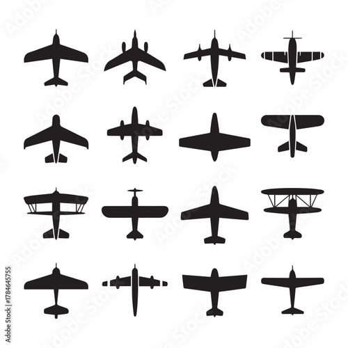 Airplane top‑view silhouettes vector icon set 