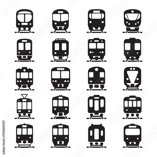Rail transit vector icons set of train, metro & tram front‑view silhouette collections