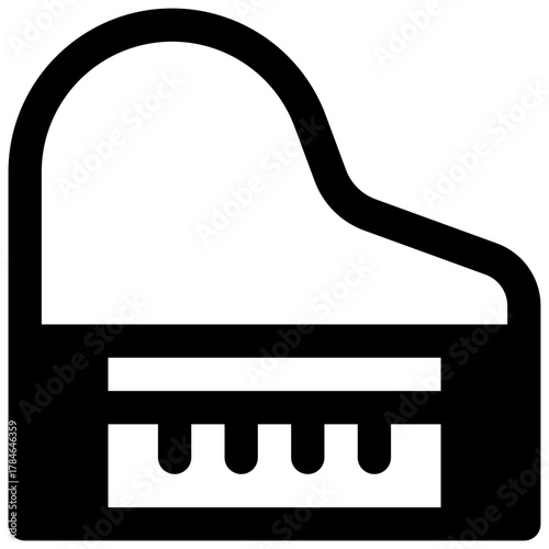 Playing a musical instrument. Outlined stroke vector icon with black-filled details.