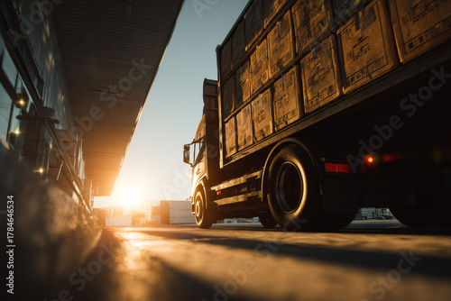 Delivery truck departs warehouse at sunset with visible boxes inside