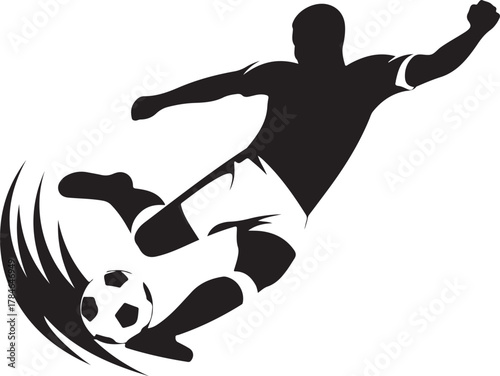 Soccer player silhouette vector performing an acrobatic overhead kick with a ball and dynamic motion blur
