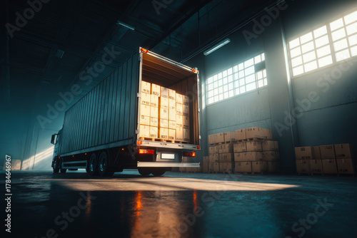Cargo truck parked inside modern warehouse with stacked boxes seen from the rear view