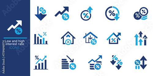 Low and high interest rate icon set. Percentage, growth, decline, mortgage, loan and finance symbols with up and down arrows for banking and economy. Solid vector icons collection.