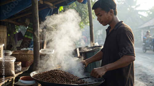 Fototapeta Naklejka Na Ścianę i Meble -  Young Indonesian man roasting coffee beans at a small roadside stall, visible smoke