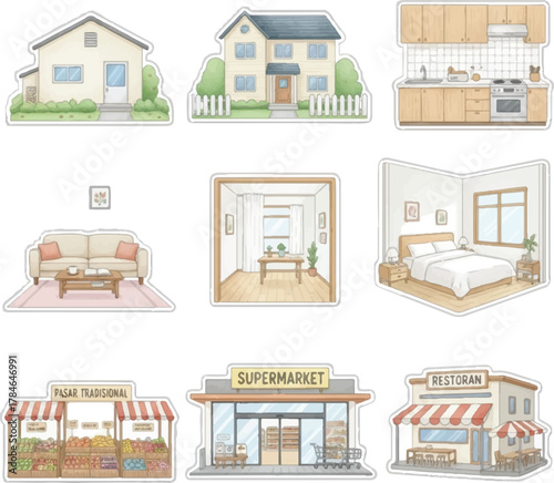 Cute Watercolor House, Room, and City Building Clipart Set