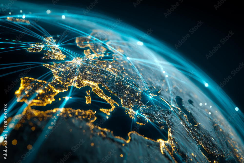 Fototapeta premium Glowing blue Earth from space with illuminated continents and data connections