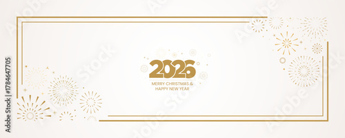 Merry Christmas and happy new year typography gold banner with border, fireworks, confetti, stars on light yellow background. Vector illustration concept for celebration events, greeting card.