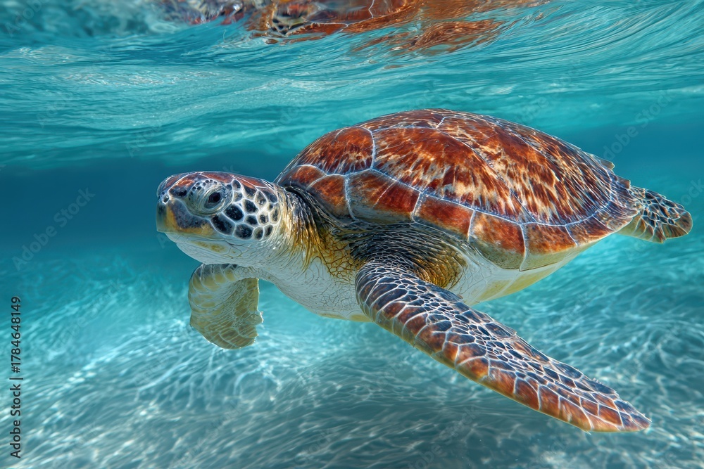 Obraz premium Sea turtle gliding gracefully underwater in a vibrant, clear ocean environment filled with sunlight and gentle ripples, showcasing the beauty of marine life