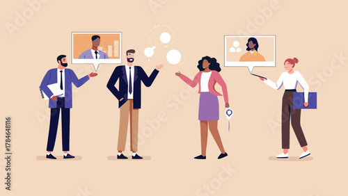 Diverse business professionals collaborating and communicating remotely through video calls and discussions in a modern office setting