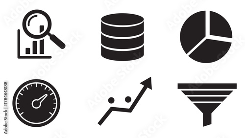 data and analytics silhouettes collection minimal black business vector icon set