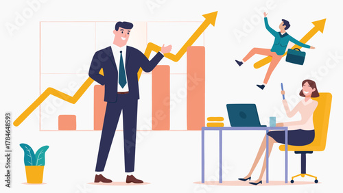 Business people celebrating success with a rising graph and upward arrow indicating growth and achievement in a modern office setting