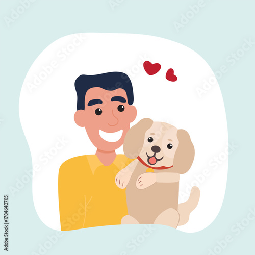 Young man with cute dog portrait. Happy Pet and owner spending time together. vector illustration