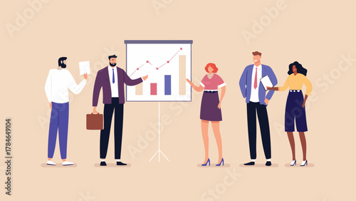 Diverse group of business professionals gathered around a presentation board displaying a financial graph and bar chart during a meeting