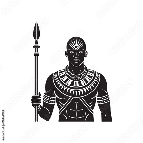 African Warrior Silhouette with Spear and Tribal Jewelry Illustration black colour vector design and white background (3).eps