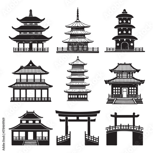 Asian Architecture Icon Set, A comprehensive collection of black silhouette vector icons featuring traditional Asian temples, pagodas, gates, and bridges (1).eps