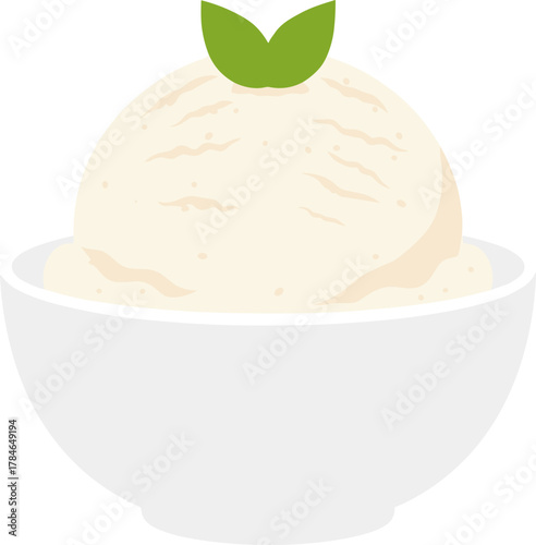 Simple Flat Style Vanilla Ice Cream Scoop Dessert in White Bowl
