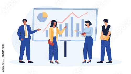 Diverse business professionals collaborating and presenting financial growth charts and data on a whiteboard during a meeting