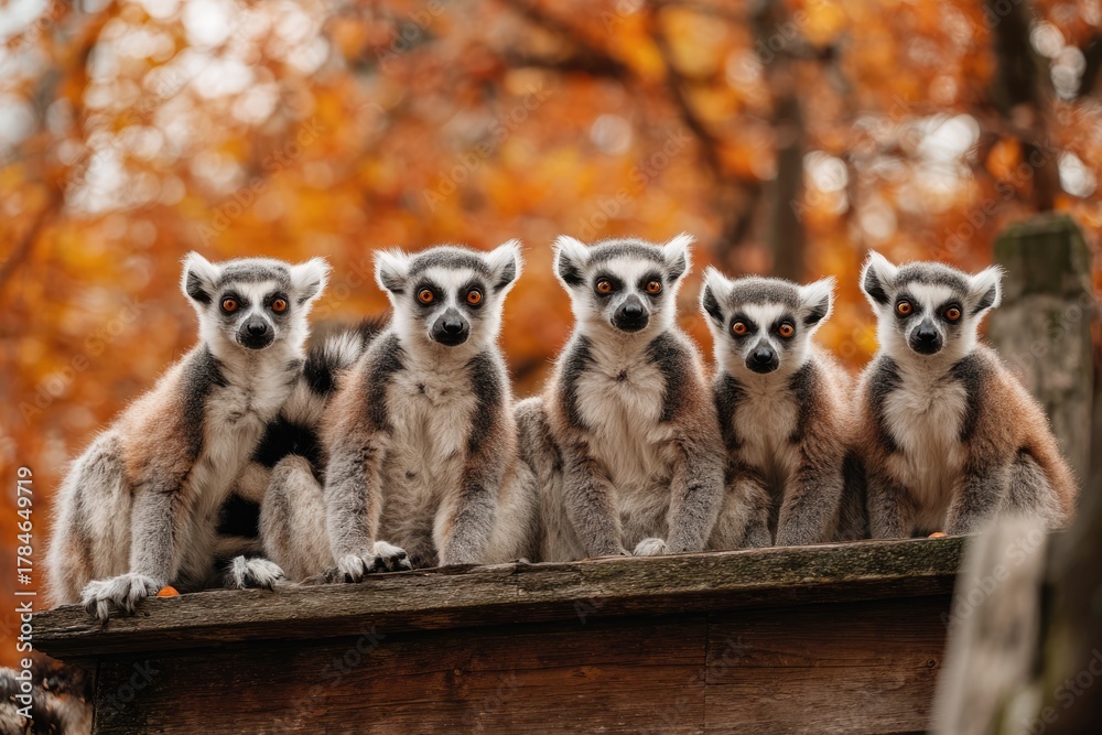 Obraz premium Five ring-tailed lemurs sit in a row on a wooden enclosure, autumnal background