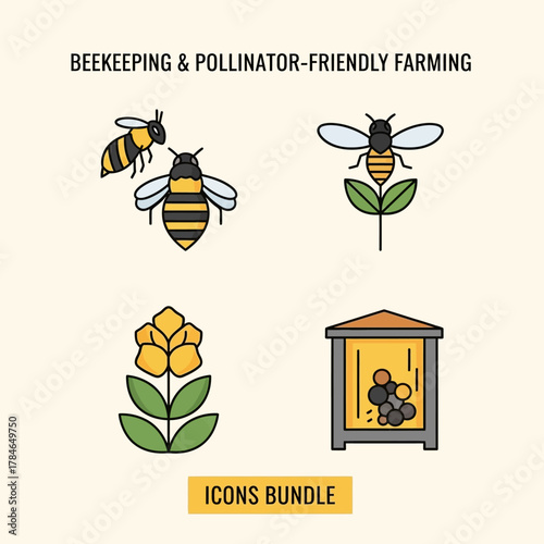 Beekeeping and Pollinator Friendly Farming Icons Bundle for Education.